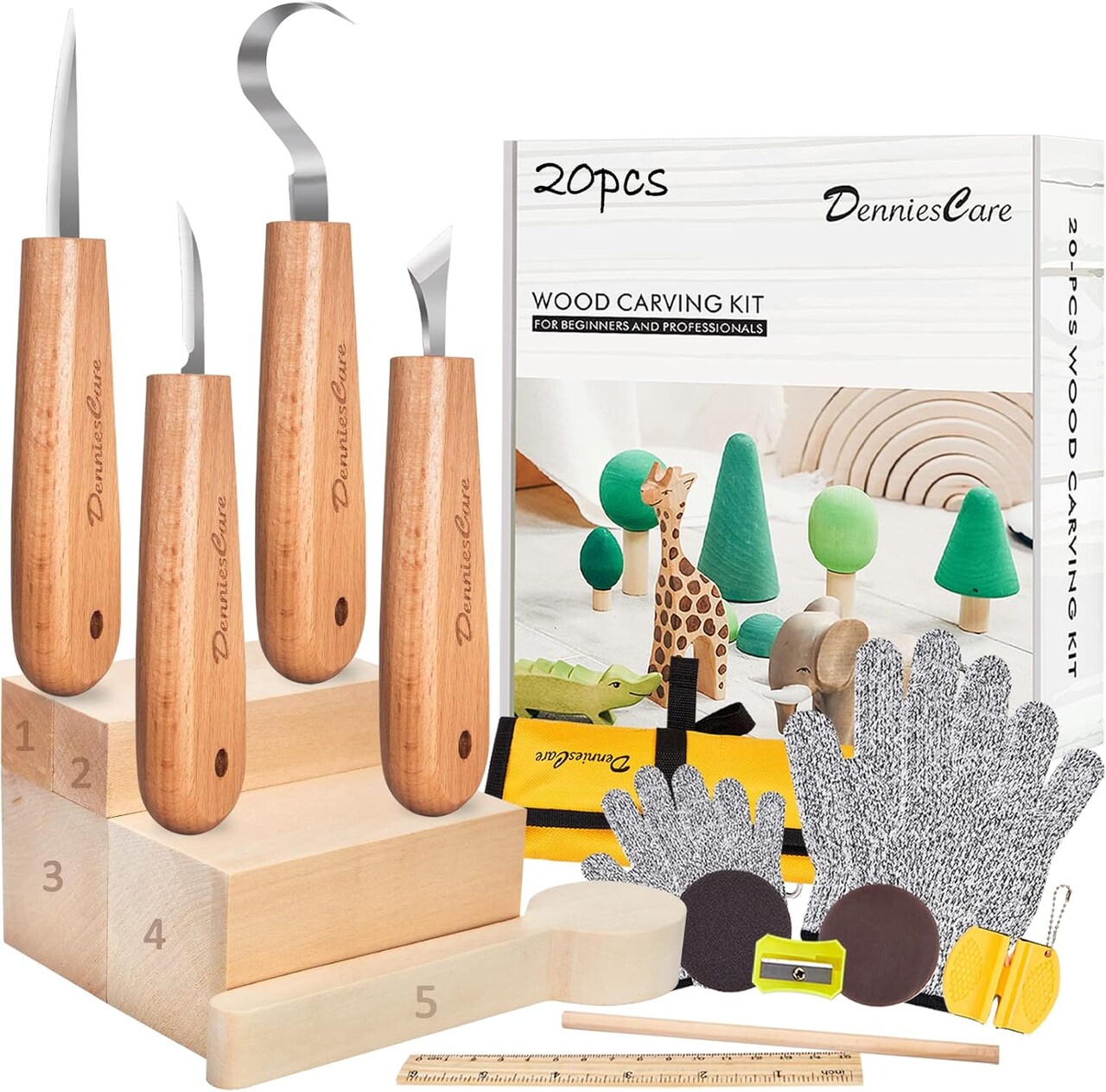 Wood Carving Kit – 20-Piece Beginner Wood Whittling Set with 4 Carving Knives, Basswood Blocks, Gloves, Frosted Sponge & Storage Bag – DIY Craft Gift Set for Kids and Adults (brown)
